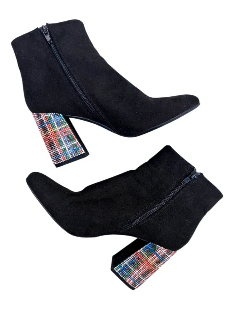Betsey Johnson Black Rhinestone Plaid Heel Barette Ankle Boots Size 7.5
